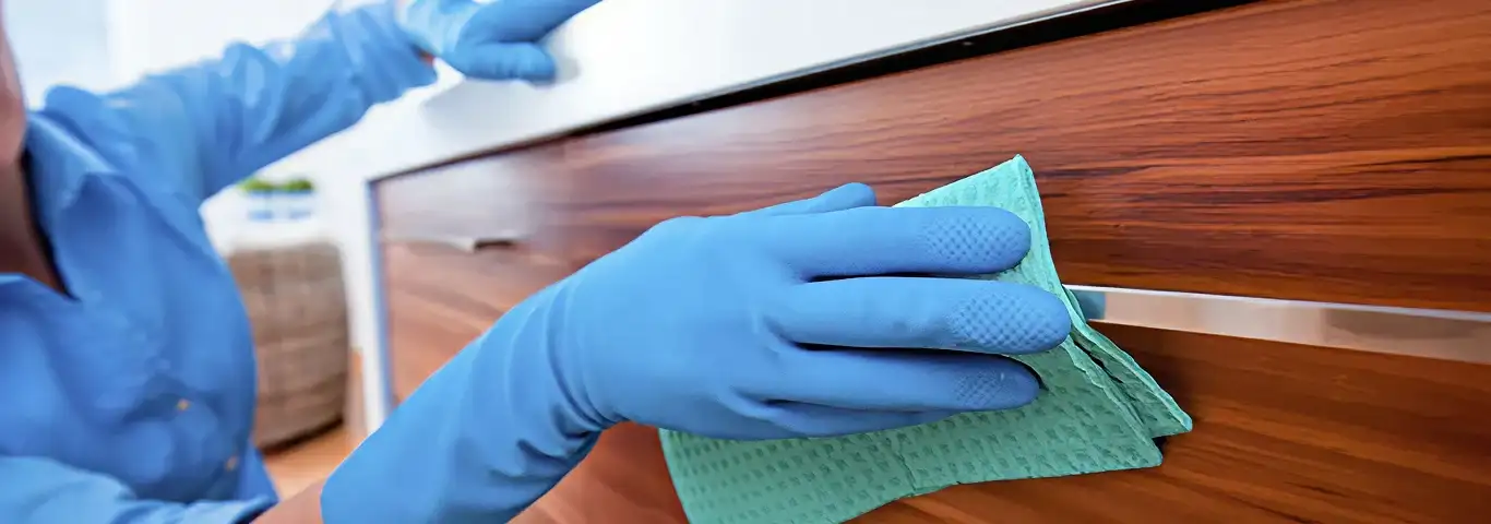 Cleaner wearing blue gloves wiping a wooden cabinet drawer with a microfiber cloth for dust and grime removal, Clearwater, FL.