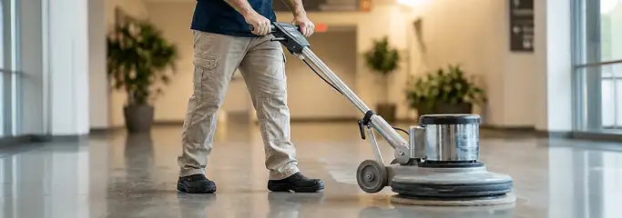 Professional technician using an industrial floor buffer to polish and maintain shiny commercial flooring in a corporate hallway in Clearwater, FL.