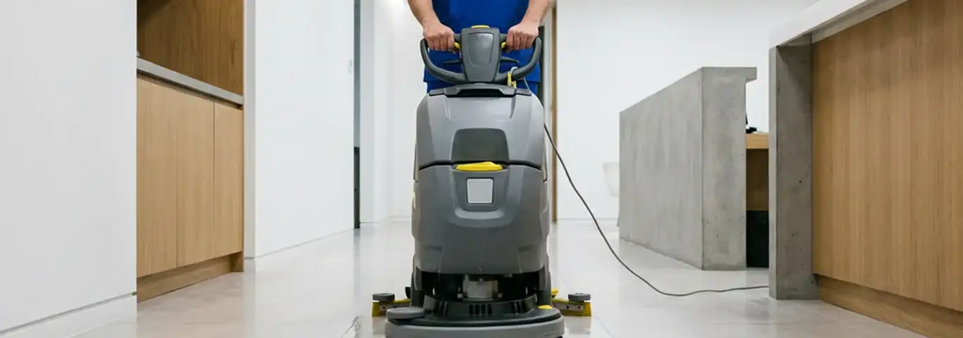 Janitorial staff using a floor scrubber machine to clean a commercial hallway, Clearwater, FL.