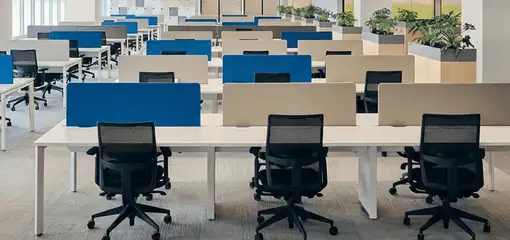 Modern open-plan office space featuring clean workstations, ergonomic chairs, and sanitized carpets provided by professional office cleaning services in Clearwater, FL.
