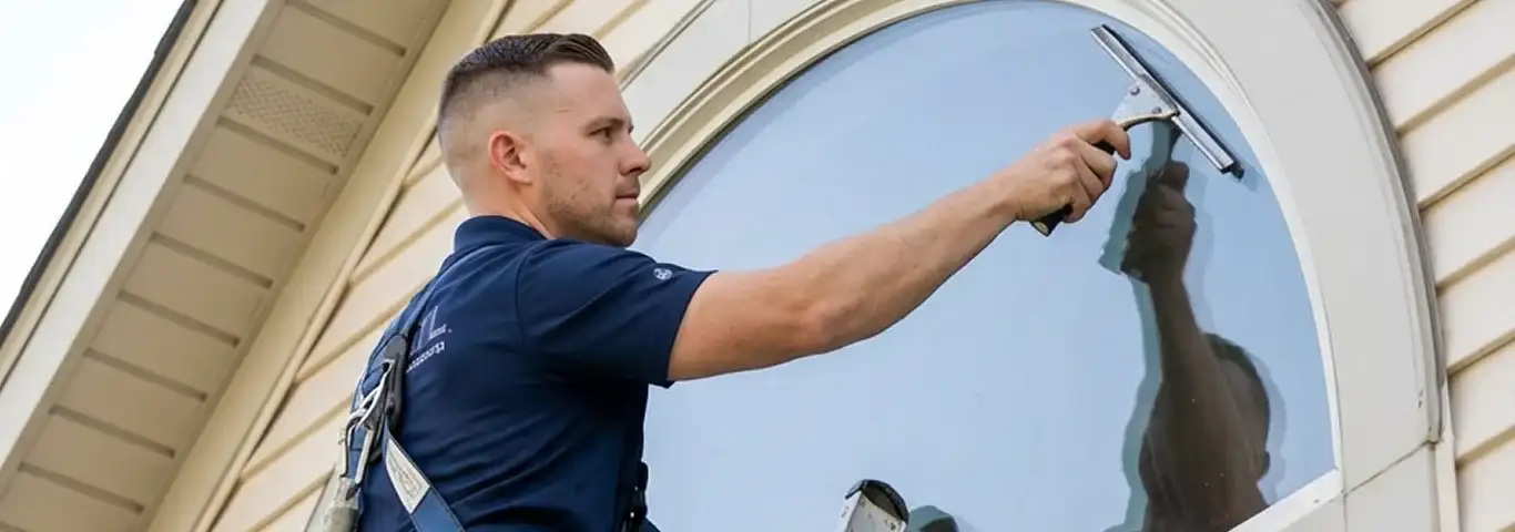 Professional window cleaner using a squeegee to clean an exterior arched window on a home, Clearwater, FL.