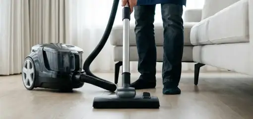 Professional house cleaner vacuuming a living room floor with a canister vacuum cleaner, Clearwater, FL.