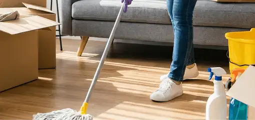 Move-out cleaning setup with a cleaner mopping hardwood floors near moving boxes and cleaning supplies, Clearwater, FL.