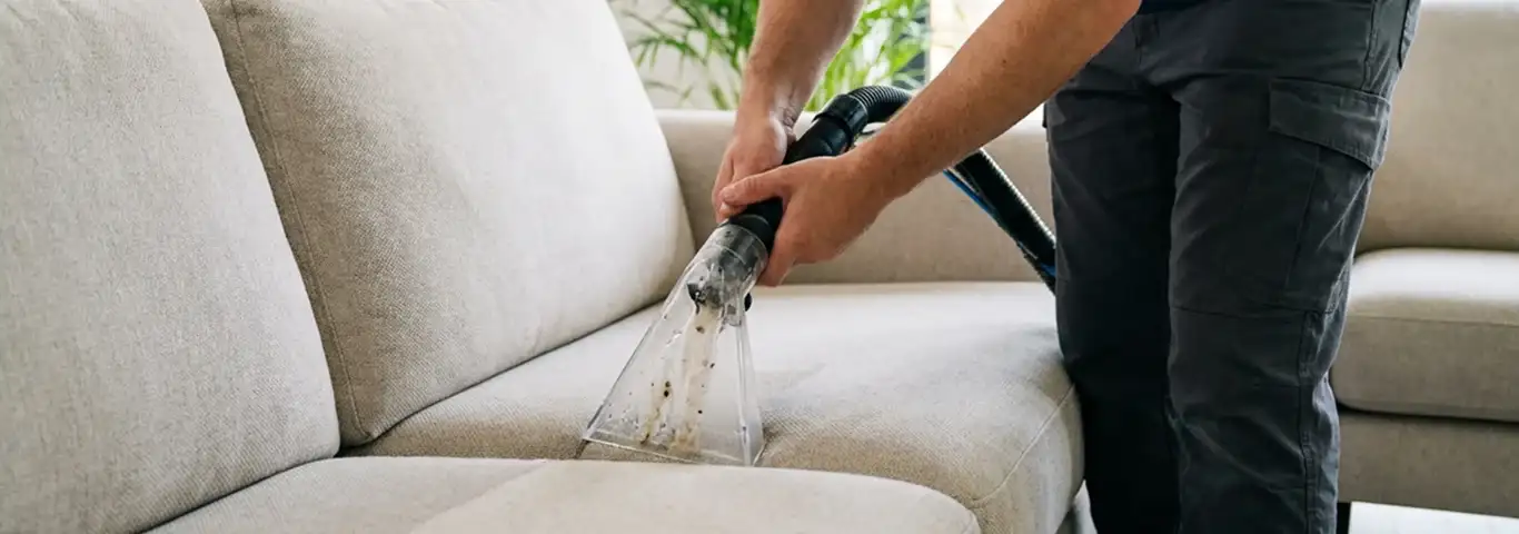 Technician extracting dirt and moisture from a fabric sofa with an upholstery cleaning wand, Clearwater, FL.