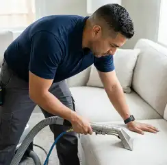 Professional upholstery cleaning technician using an extraction wand to deep-clean a fabric sofa, Clearwater, FL.