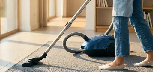 Person vacuuming a living room rug with a canister vacuum cleaner near large windows, Clearwater, FL.